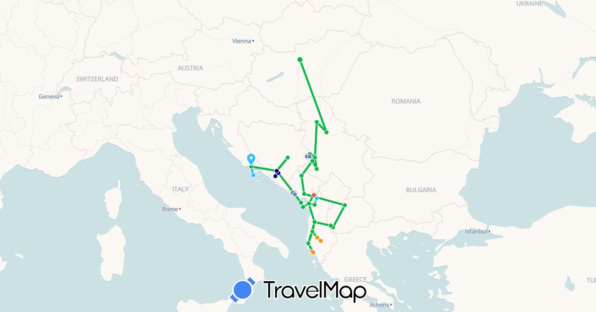 TravelMap itinerary: driving, bus, cycling, hiking, boat, hitchhiking in Albania, Bosnia and Herzegovina, Croatia, Hungary, Montenegro, Macedonia, Serbia (Europe)